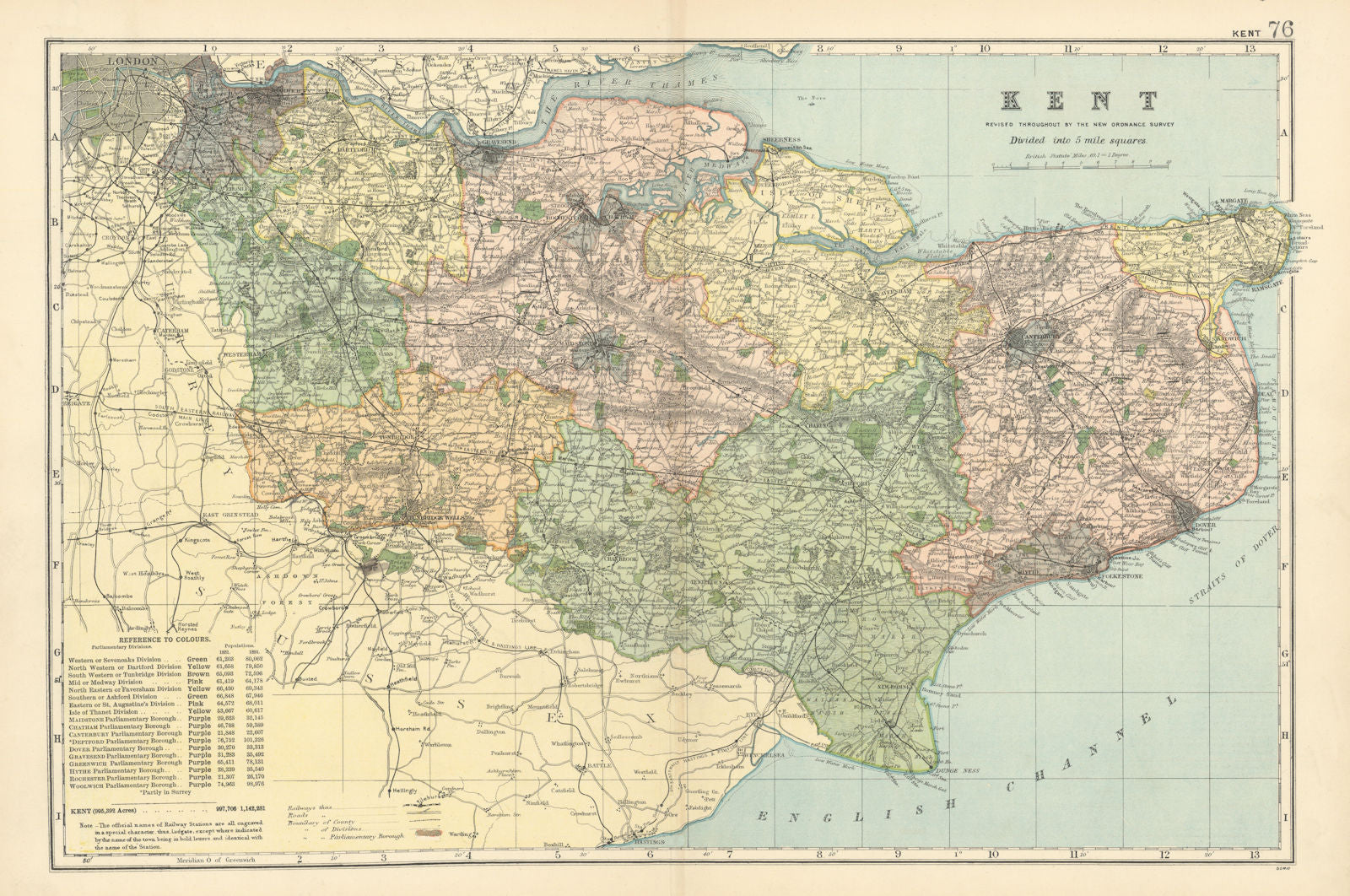 KENT county map. Parliamentary constituencies divisions. Railways. BACON 1900